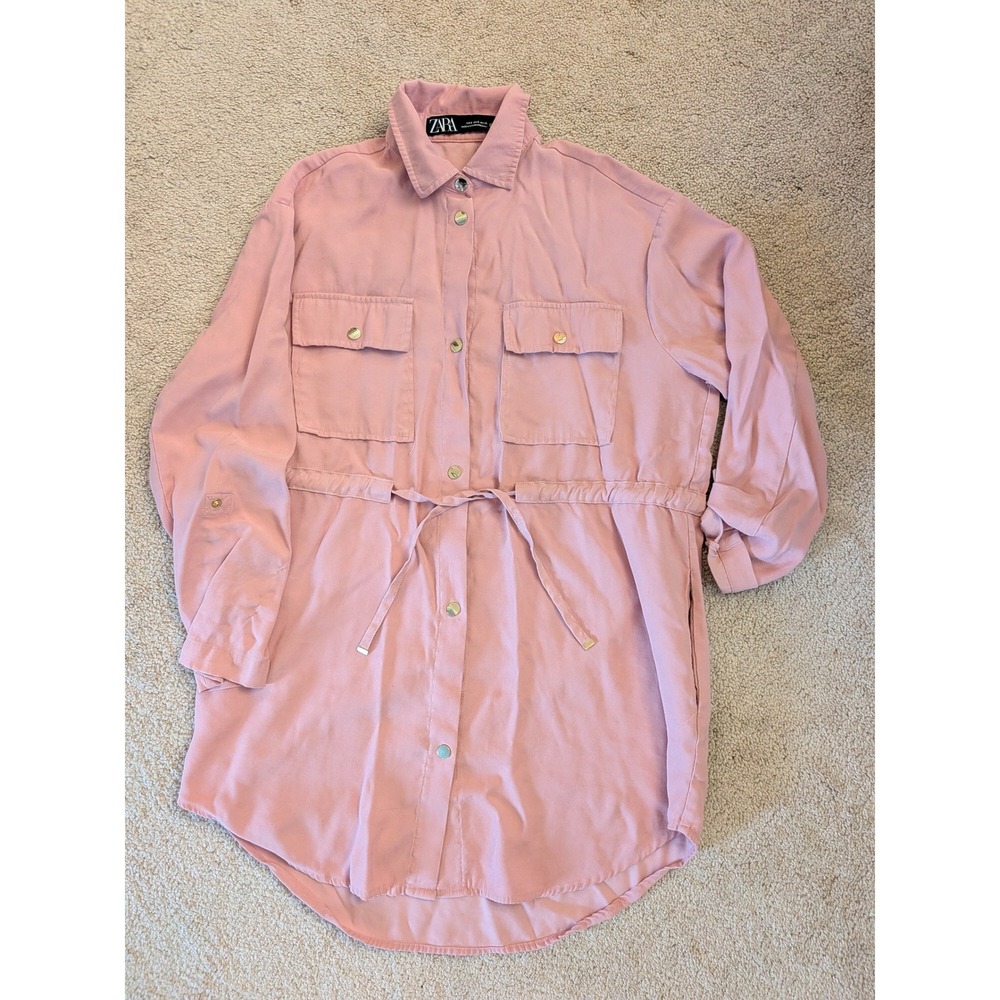 Zara Pink Utility Shirt Dress Small Drawstring Waist Roll-Tab